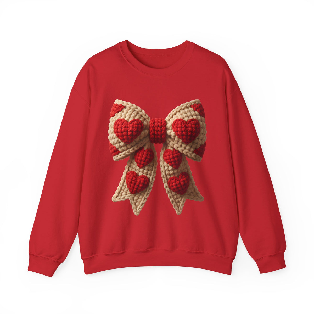 Faux Crochet Valentine Bow – Gildan Heavy Blend | Trendy Women’s Soft Sweatshirt. Direct to Garment. Printed & Shipped in the USA. Unisex Sizes.