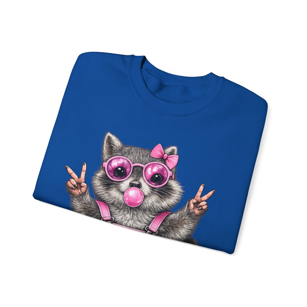Cute But Feral, Raccoon in Pink Bibs – Gildan Heavy Blend | Trendy Women’s Soft Sweatshirt. Direct to Garment. Printed & Shipped in the USA. Unisex Sizes.