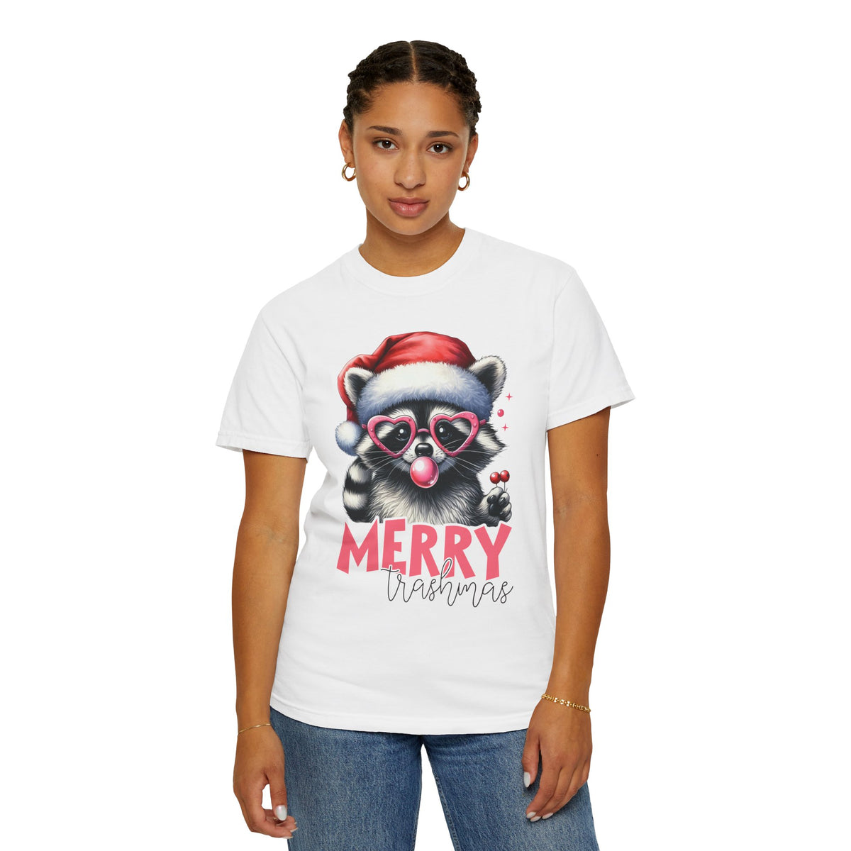 Merry Trashmas Bubblegum Raccoon w/Santa Hat Christmas - Comfort Colors | Trendy Women's T-Shirt. Direct to Garment. Printed & Shipped in the USA. Unisex Sizes.