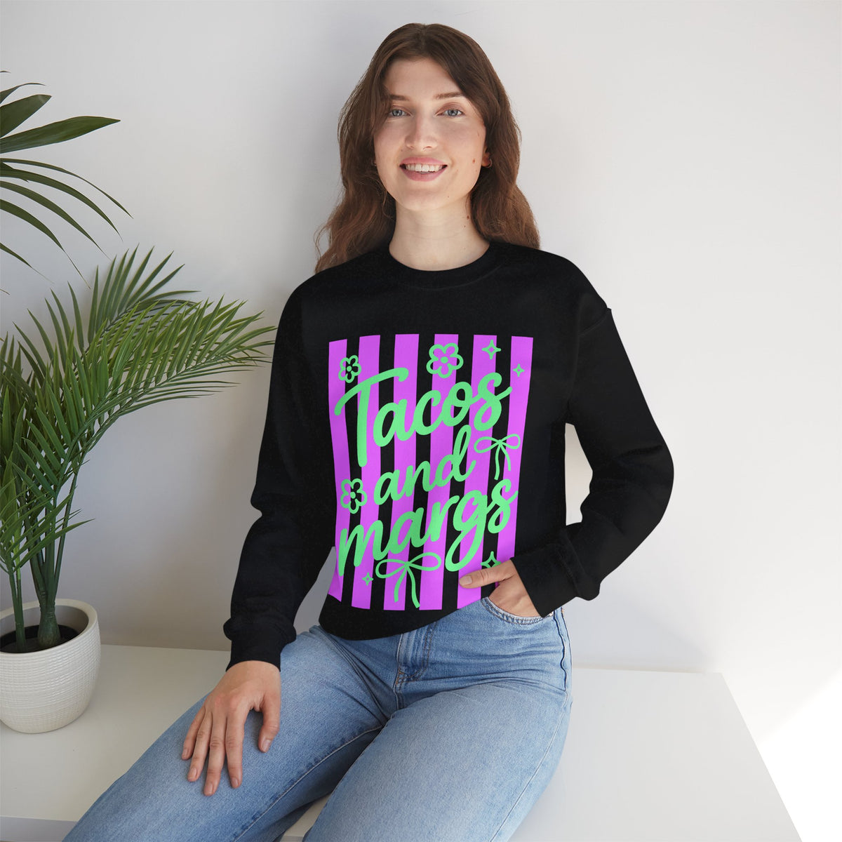 Tacos and Margs – Gildan Heavy Blend | Trendy Women’s Soft Sweatshirt. Direct to Garment. Printed & Shipped in the USA. Unisex Sizes.