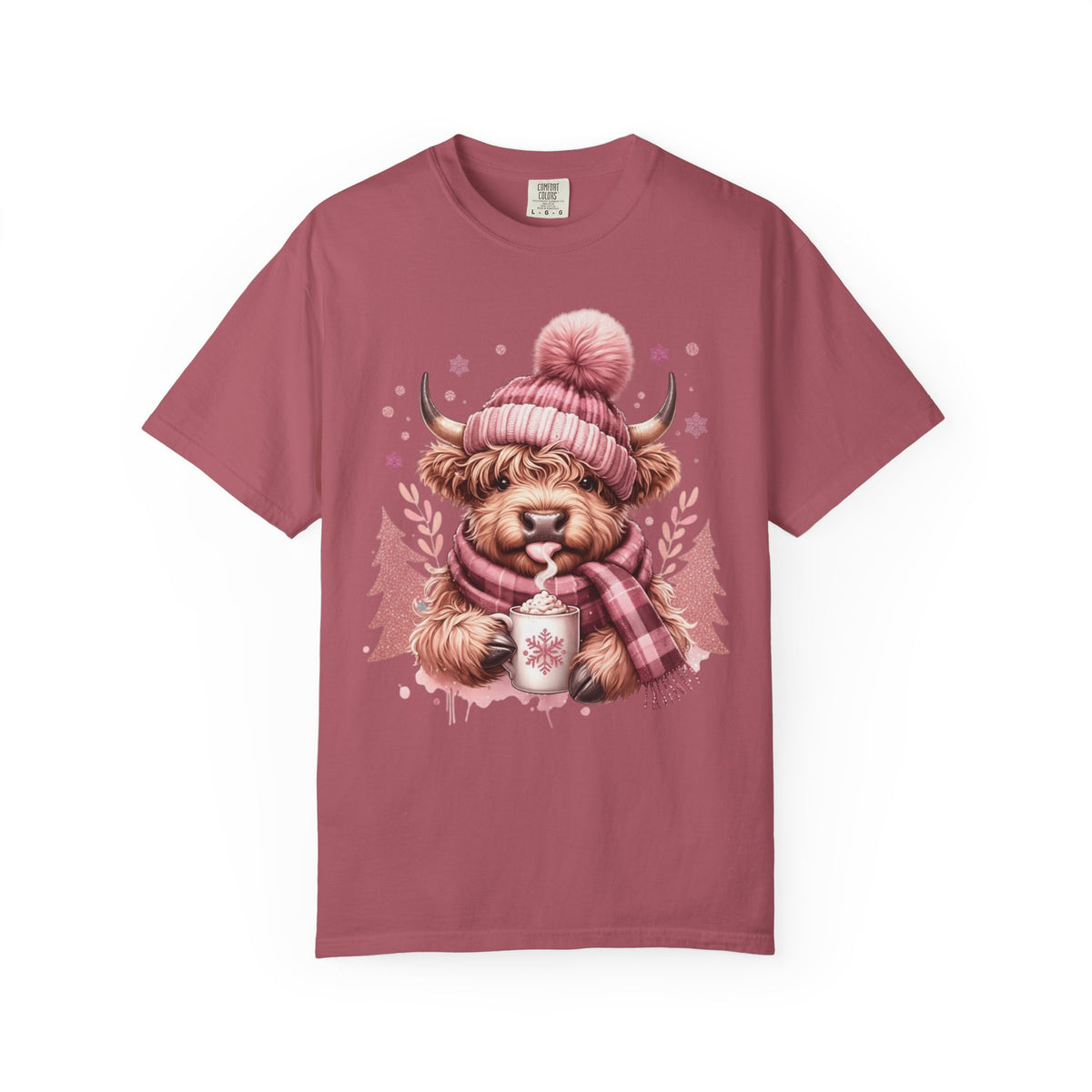Cozy Highland Cow, Winter Coffee Mug & Scarf - Comfort Colors | Trendy Women's T-Shirt. Direct to Garment. Printed & Shipped in the USA. Unisex Sizes.