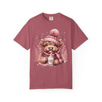 Cozy Highland Cow, Winter Coffee Mug & Scarf - Comfort Colors | Trendy Women's T-Shirt. Direct to Garment. Printed & Shipped in the USA. Unisex Sizes.