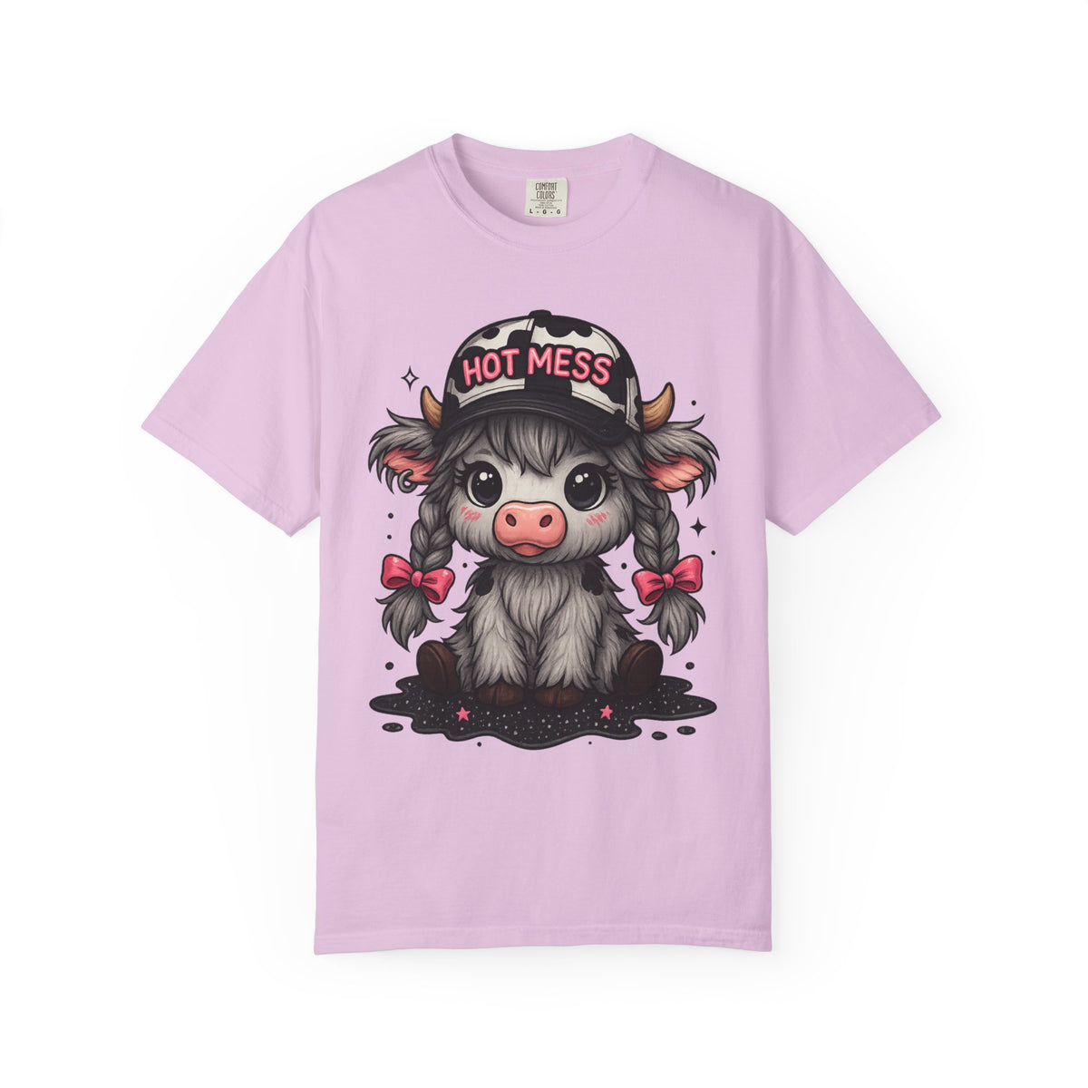 Cute Highland Cow 'Hot Mess' In Braids  - Comfort Colors | Trendy Women's T-Shirt. Direct to Garment. Printed & Shipped in the USA. Unisex Sizes.