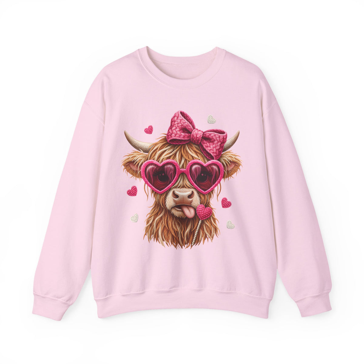 Highland Cow - Pink Heart Shaped Glasses – Gildan Heavy Blend | Trendy Women’s Soft Sweatshirt. Direct to Garment. Printed & Shipped in the USA. Unisex Sizes.