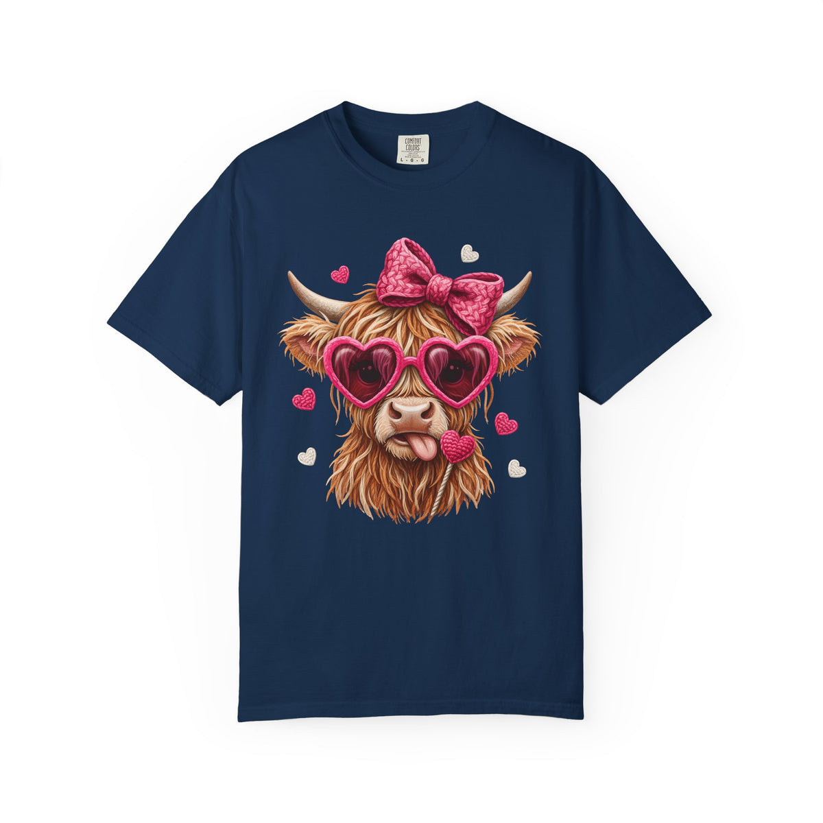Highland Cow - Pink Heart Shaped Glasses - Comfort Colors | Trendy Women's T-Shirt. Direct to Garment. Printed & Shipped in the USA. Unisex Sizes.