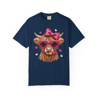 Highland Cow - Pink Heart Shaped Glasses - Comfort Colors | Trendy Women's T-Shirt. Direct to Garment. Printed & Shipped in the USA. Unisex Sizes.