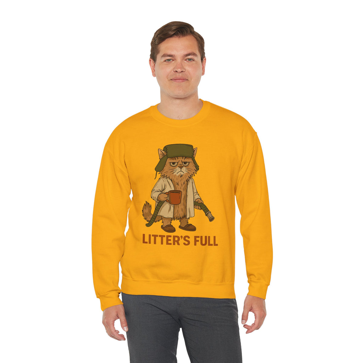 Litter's Full, Funny Cat – Gildan Heavy Blend | Trendy Men's and Women’s Soft Sweatshirt. Direct to Garment. Printed & Shipped in the USA. Unisex Sizes.