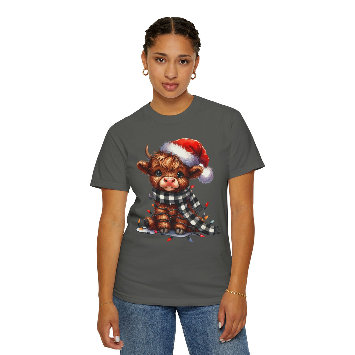 Cute Highland Cow Santa Hat Scarf Christmas Lights - Comfort Colors | Trendy Unisex T-Shirt. Direct to Garment. Printed & Shipped in the USA. Unisex Sizes.