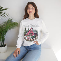 Merry Christmas Pink Barn Farm Animals – Gildan Heavy Blend | Trendy Women’s Soft Sweatshirt. Direct to Garment. Printed & Shipped in the USA. Unisex Sizes.