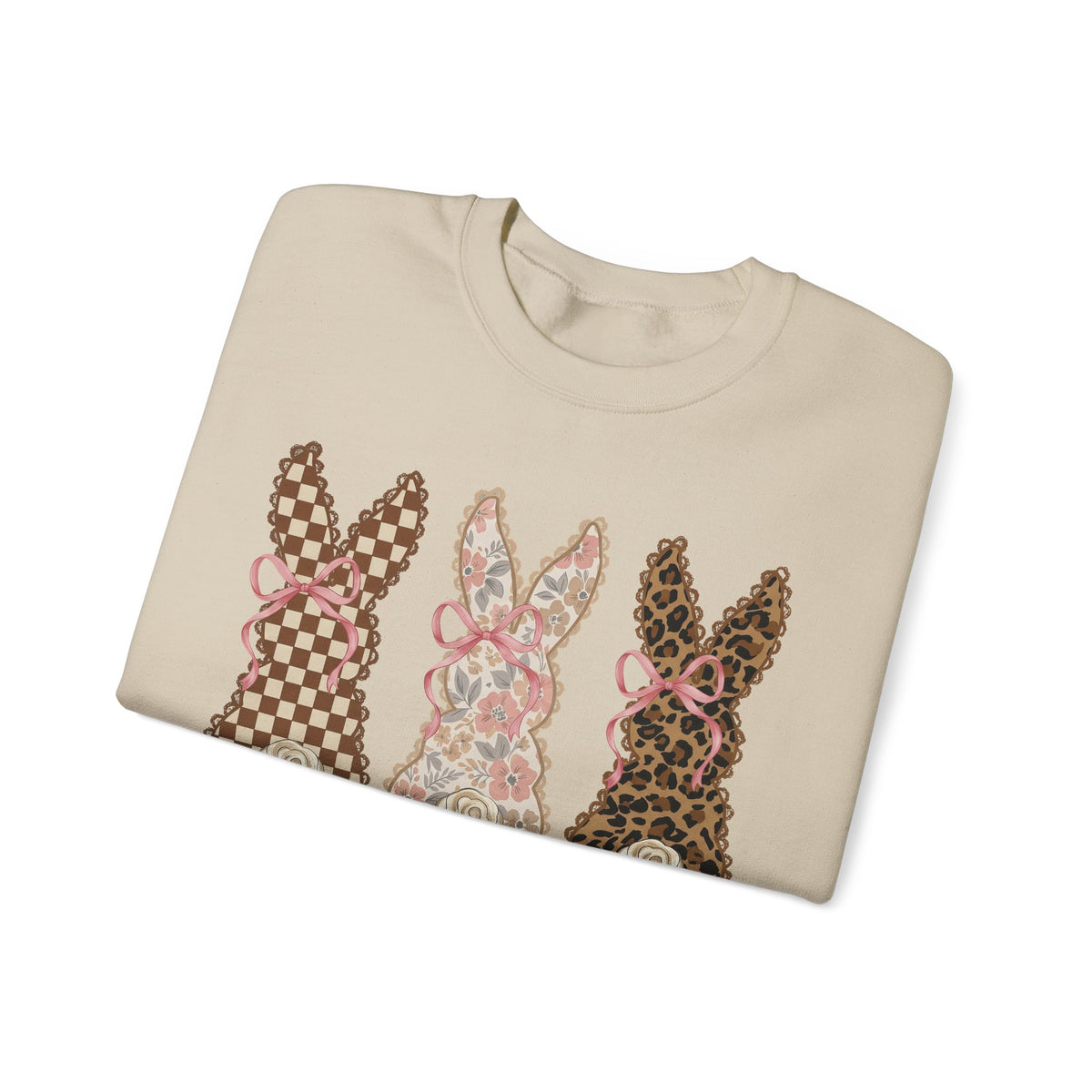 Easter Bunny Trio - Checkered, Floral & Leopard – Gildan Heavy Blend | Trendy Women’s Soft Sweatshirt. Direct to Garment. Printed & Shipped in the USA. Unisex Sizes.