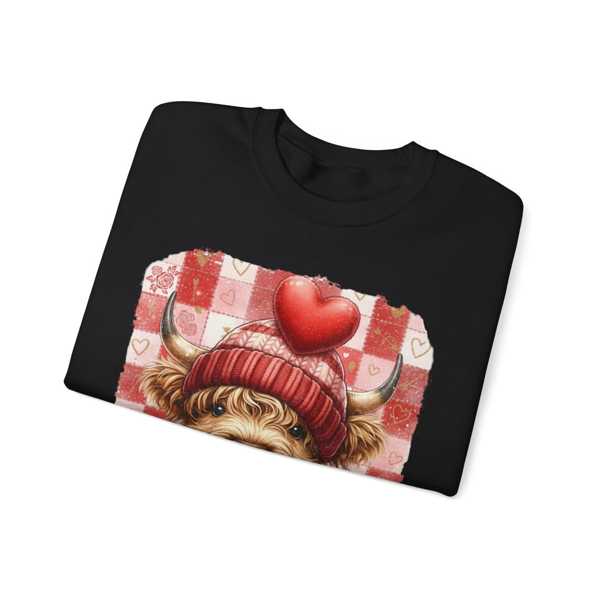 Highland Cow Be Mine, Red Checkered – Gildan Heavy Blend | Trendy Women’s Soft Sweatshirt. Direct to Garment. Printed & Shipped in the USA. Unisex Sizes.