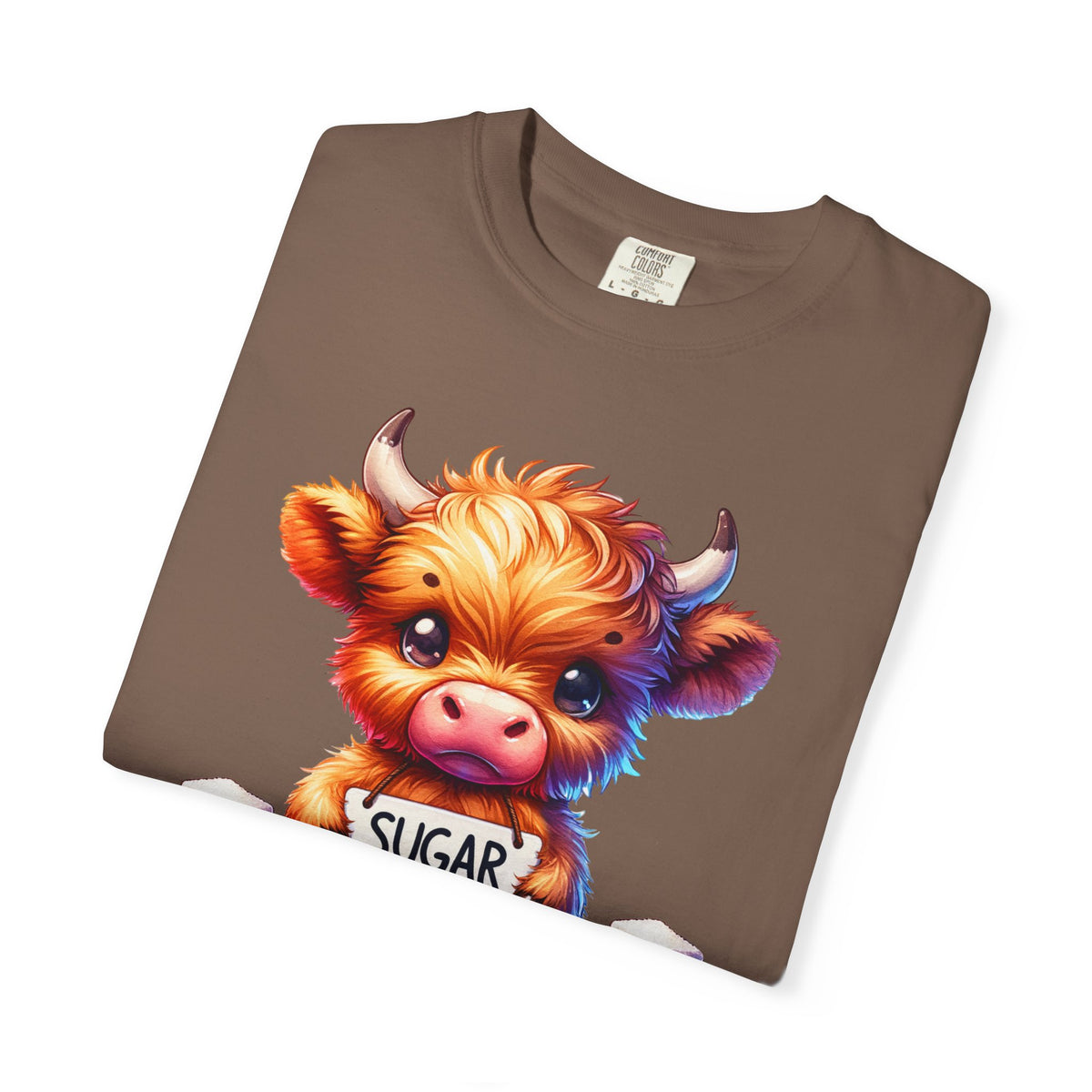 Sugar Addict Highland Cow - Comfort Colors | Trendy Women's T-Shirt. Direct to Garment. Printed & Shipped in the USA. Unisex Sizes.