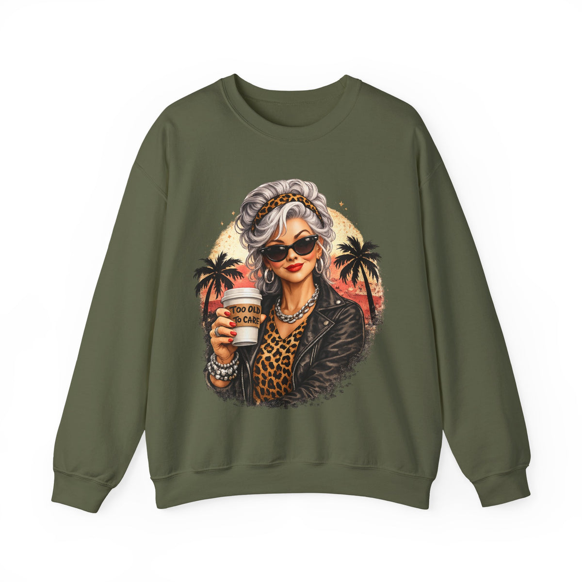 Too Old To Care, Fashionista Grandma – Gildan Heavy Blend | Trendy Women’s Soft Sweatshirt. Direct to Garment. Printed & Shipped in the USA. Unisex Sizes.