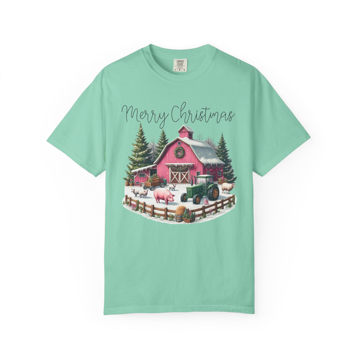 Merry Christmas Pink Barn Farm Animals - Comfort Colors | Trendy Women's T-Shirt. Direct to Garment. Printed & Shipped in the USA. Unisex Sizes.