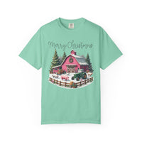 Merry Christmas Pink Barn Farm Animals - Comfort Colors | Trendy Women's T-Shirt. Direct to Garment. Printed & Shipped in the USA. Unisex Sizes.