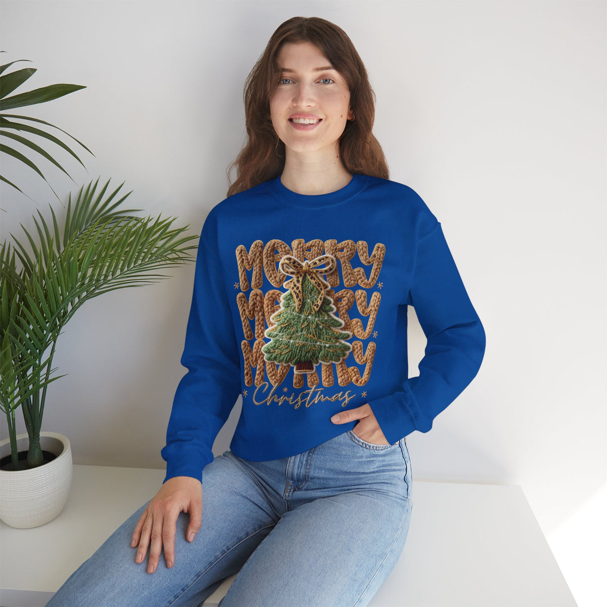 Merry Merry Merry Christmas, Faux Latch Hook Yarn – Gildan Heavy Blend | Trendy Women’s Soft Sweatshirt. Direct to Garment. Printed & Shipped in the USA. Unisex Sizes.