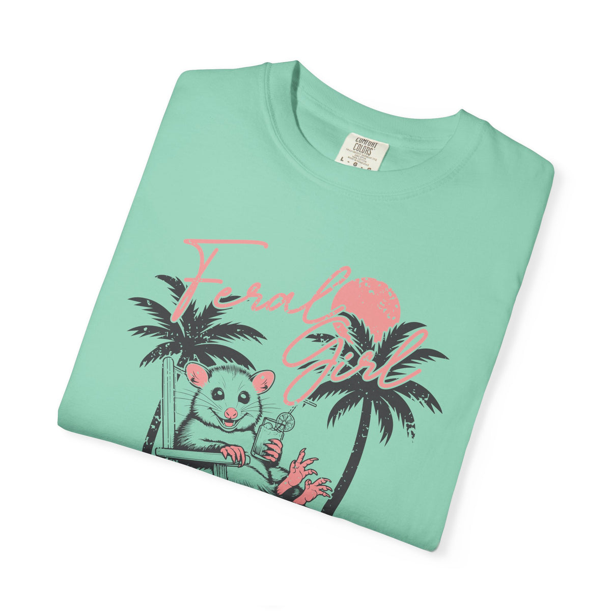 Feral Girl Summer, Possum on a Beach - Comfort Colors | Trendy Women's T-Shirt. Direct to Garment. Printed & Shipped in the USA. Unisex Sizes.