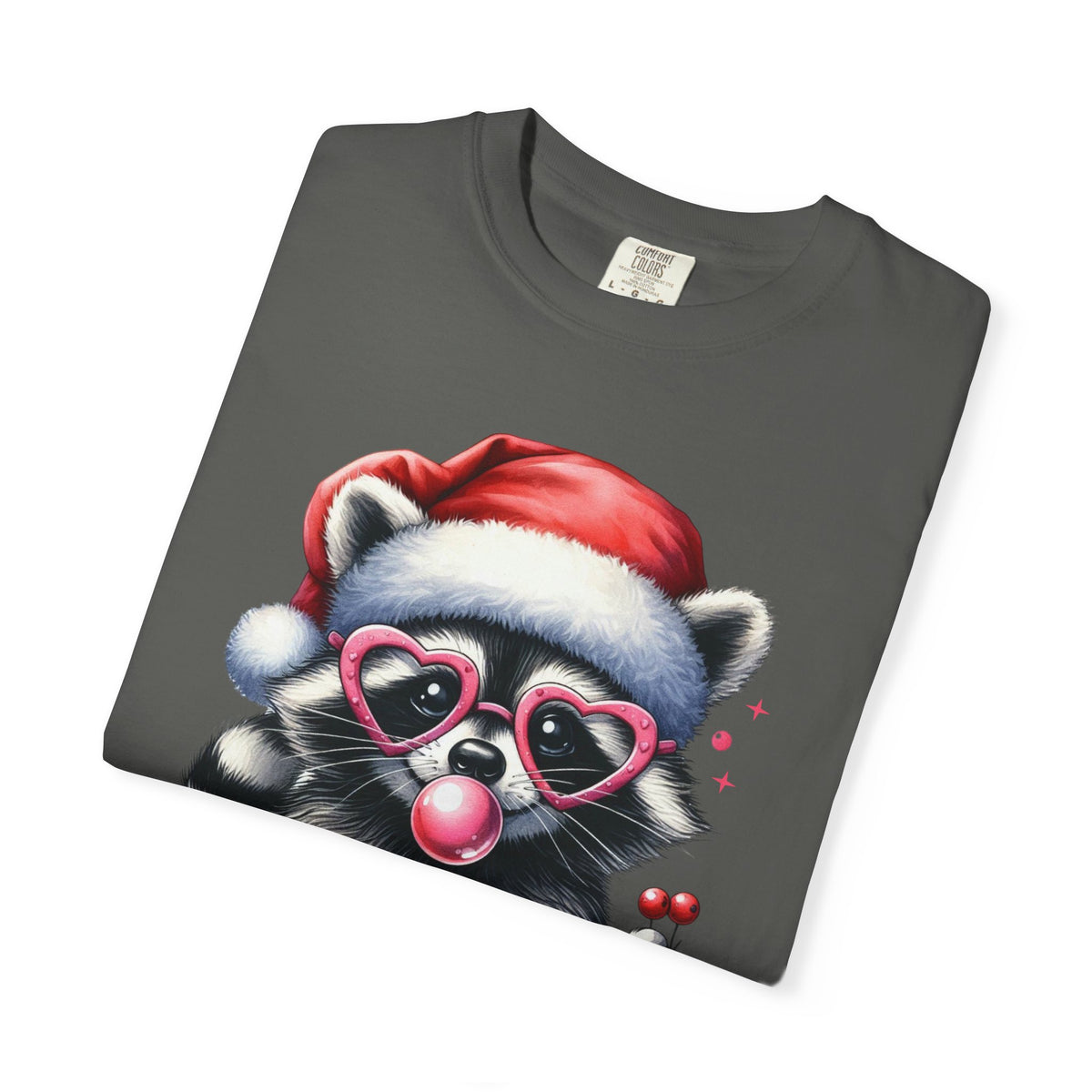Merry Trashmas Bubblegum Raccoon w/Santa Hat Christmas - Comfort Colors | Trendy Women's T-Shirt. Direct to Garment. Printed & Shipped in the USA. Unisex Sizes.