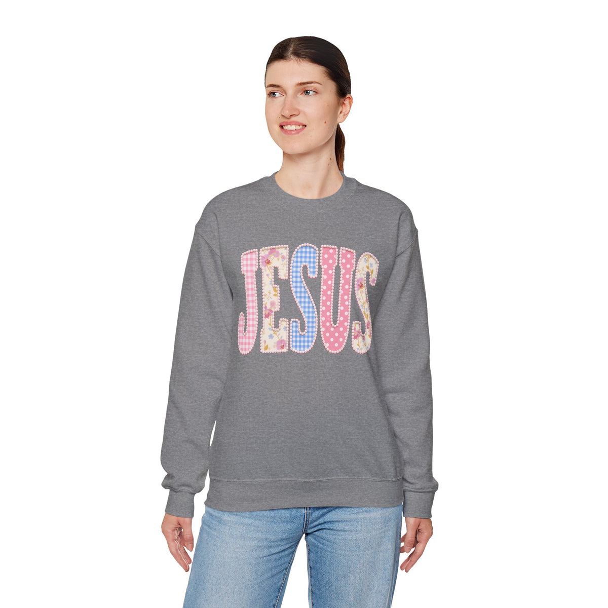 JESUS Pastel Faux Patchwork – Gildan Heavy Blend | Trendy Women’s Soft Sweatshirt. Direct to Garment. Printed & Shipped in the USA. Unisex Sizes.