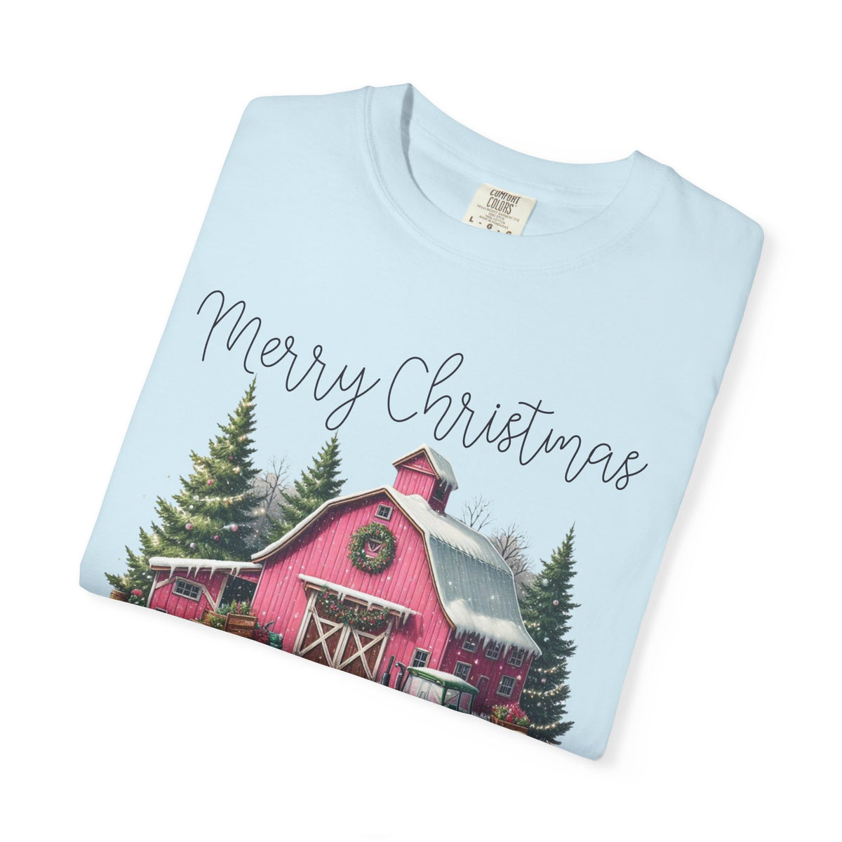 Merry Christmas Pink Barn Farm Animals - Comfort Colors | Trendy Women's T-Shirt. Direct to Garment. Printed & Shipped in the USA. Unisex Sizes.