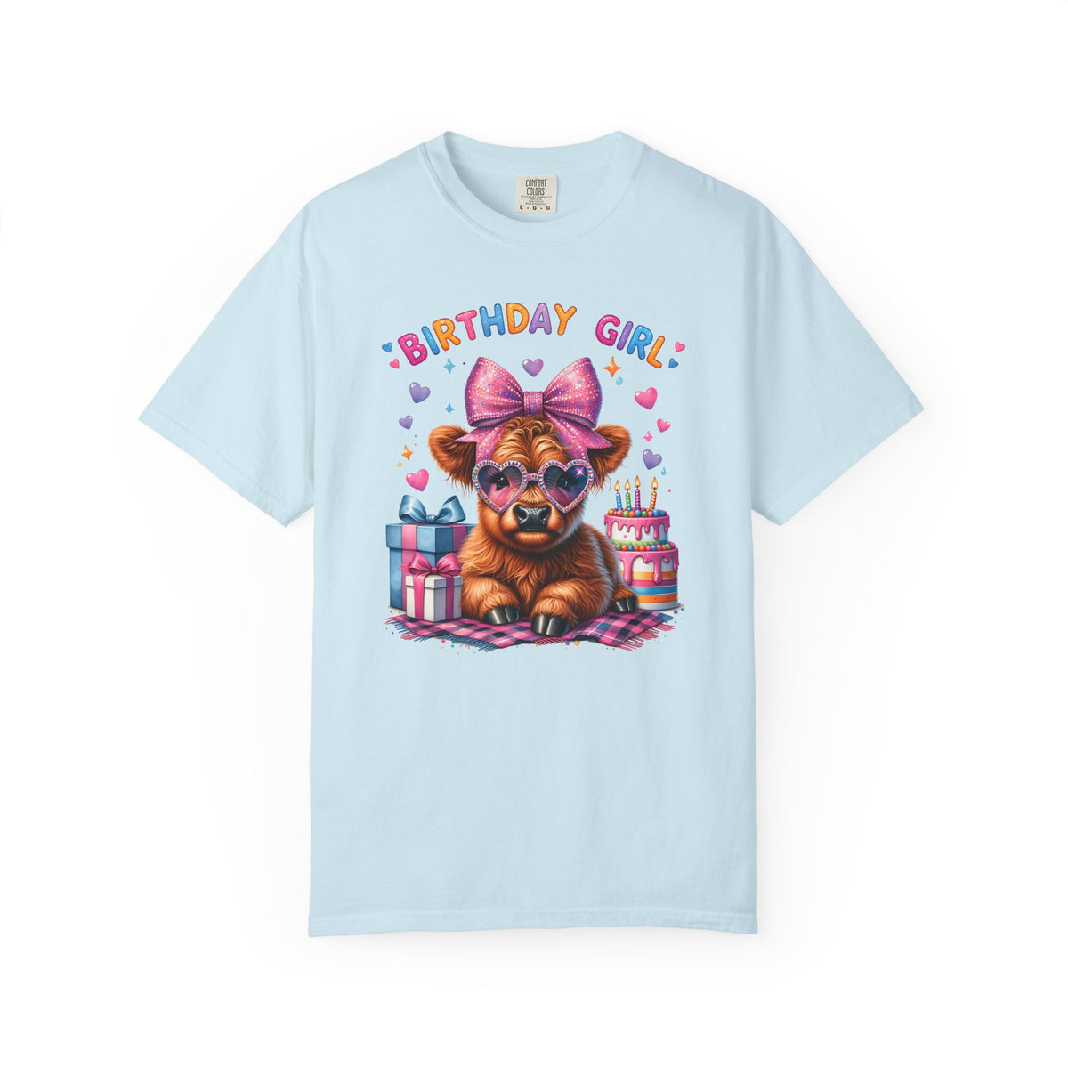 Birthday Girl, Highland Cow - Comfort Colors | Trendy Women's T-Shirt. Direct to Garment. Printed & Shipped in the USA. Unisex Sizes.