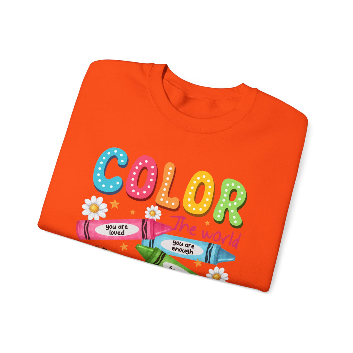 Color the World With Kindness Crayons, Great Teacher Gift – Gildan Heavy Blend | Trendy Women’s and Men's Soft Sweatshirt. Direct to Garment. Printed & Shipped in the USA. Unisex Sizes.