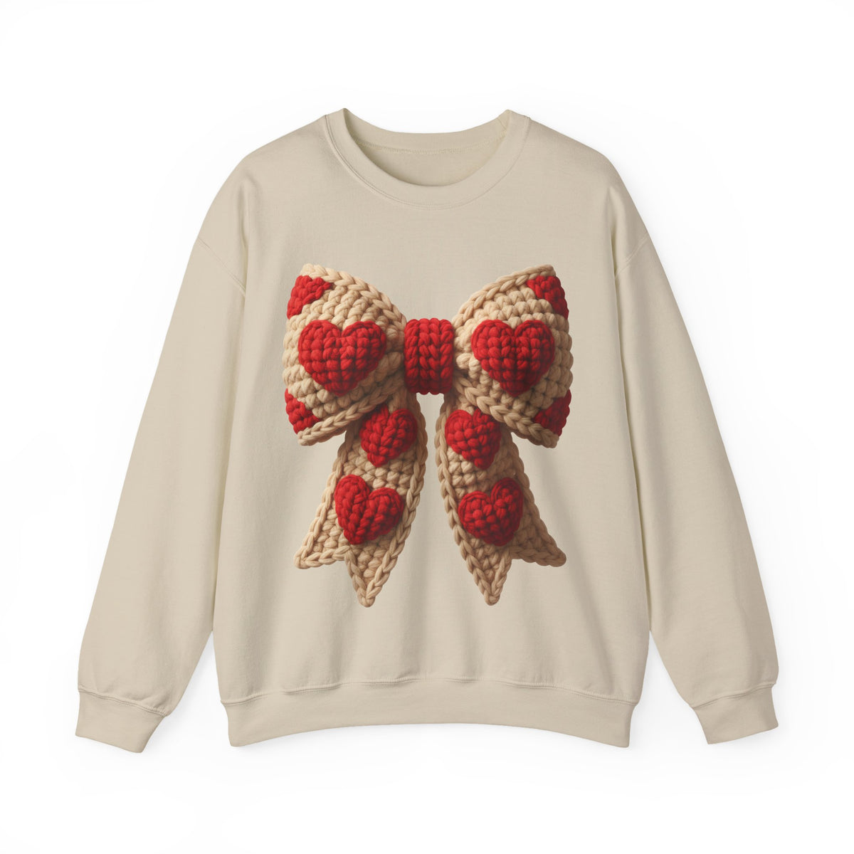 Faux Crochet Valentine Bow – Gildan Heavy Blend | Trendy Women’s Soft Sweatshirt. Direct to Garment. Printed & Shipped in the USA. Unisex Sizes.