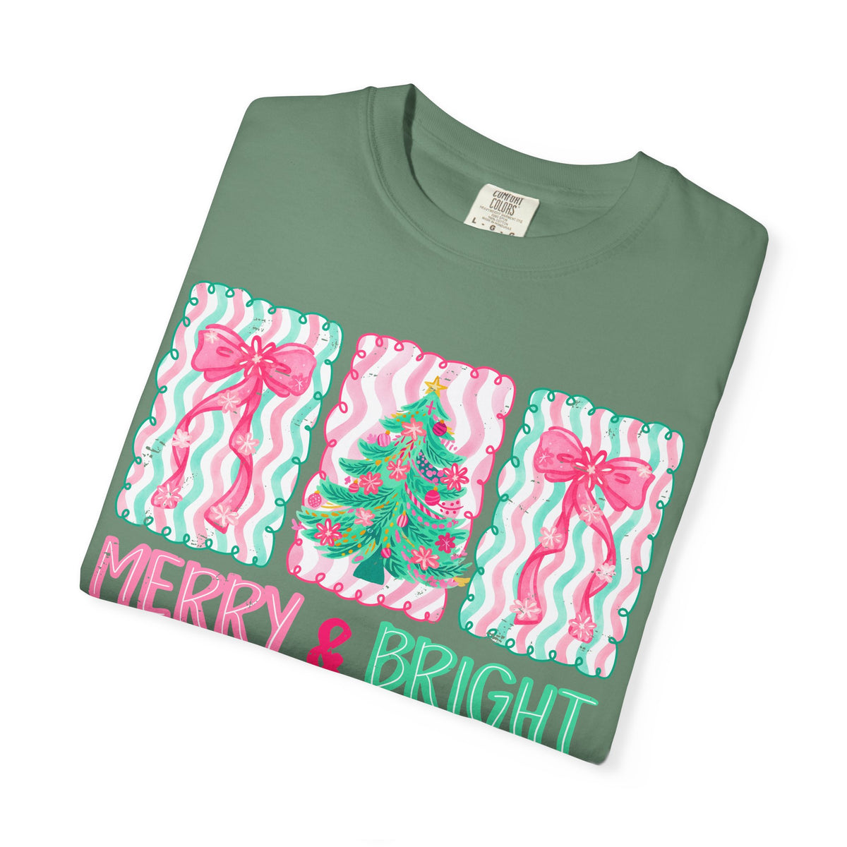 Merry & Bright Christmas — Pink & Green Holiday Tree Design - Comfort Colors | Trendy Women's T-Shirt. Direct to Garment. Printed & Shipped in the USA. Unisex Sizes.