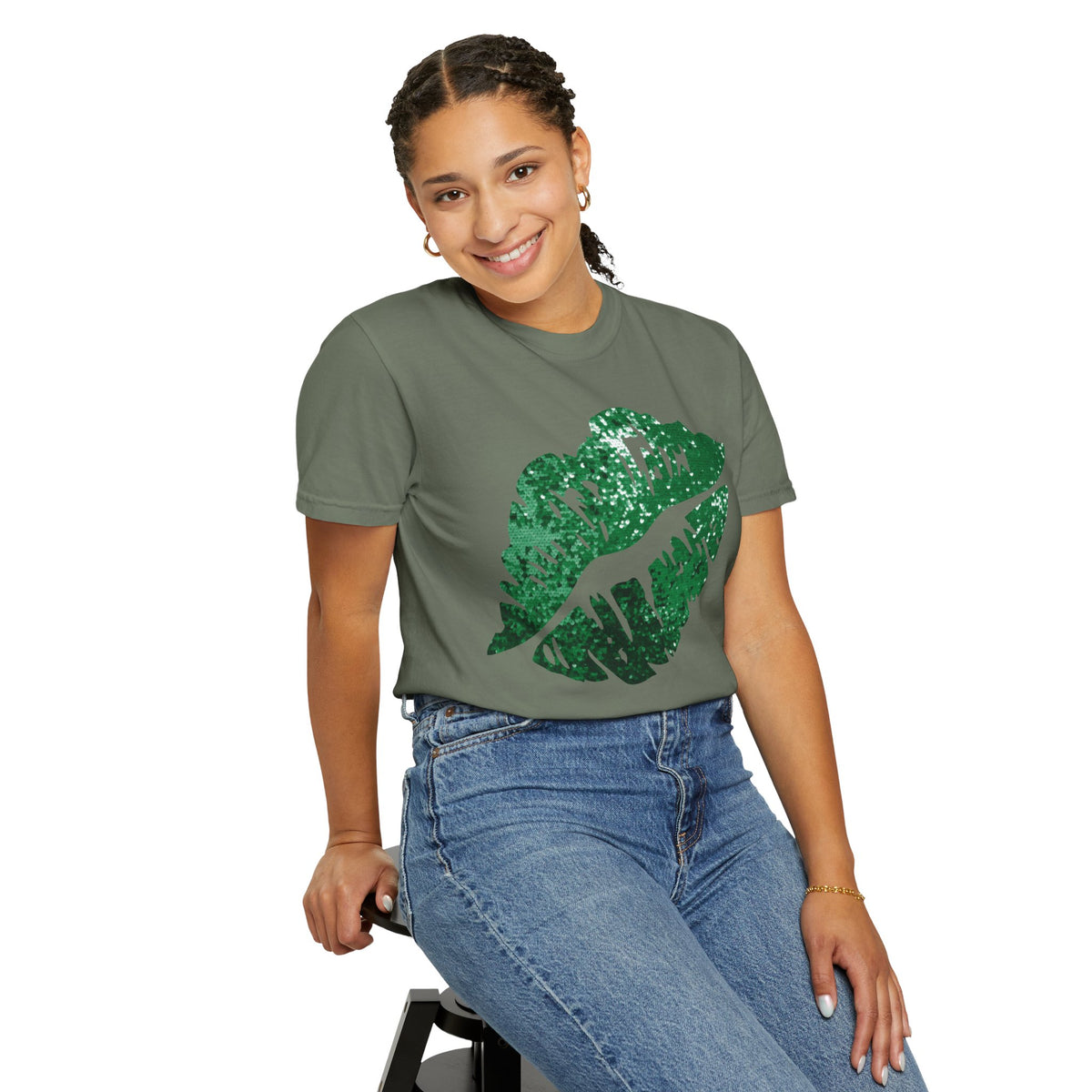 Green Faux Glitter Kiss - Comfort Colors | Trendy Women's T-Shirt. Direct to Garment. Printed & Shipped in the USA. Unisex Sizes.