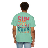 Sun Salt Sand, Beach Sunset - Front & Back Print - Comfort Colors | Trendy Women's and Men's T-Shirt. Direct to Garment. Printed & Shipped in the USA. Unisex Sizes.