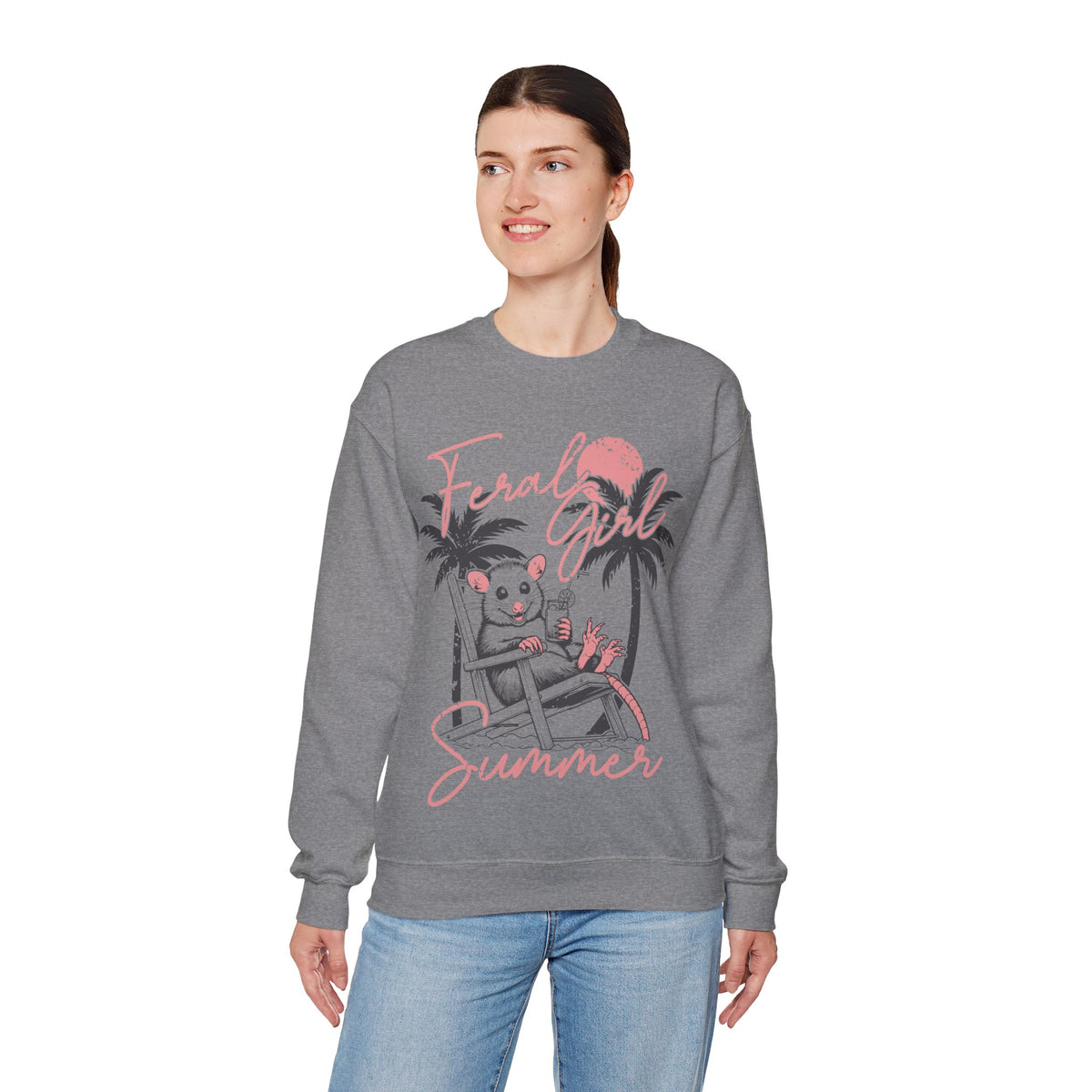 Feral Girl Summer, Possum on a Beach – Gildan Heavy Blend | Trendy Women’s Soft Sweatshirt. Direct to Garment. Printed & Shipped in the USA. Unisex Sizes.