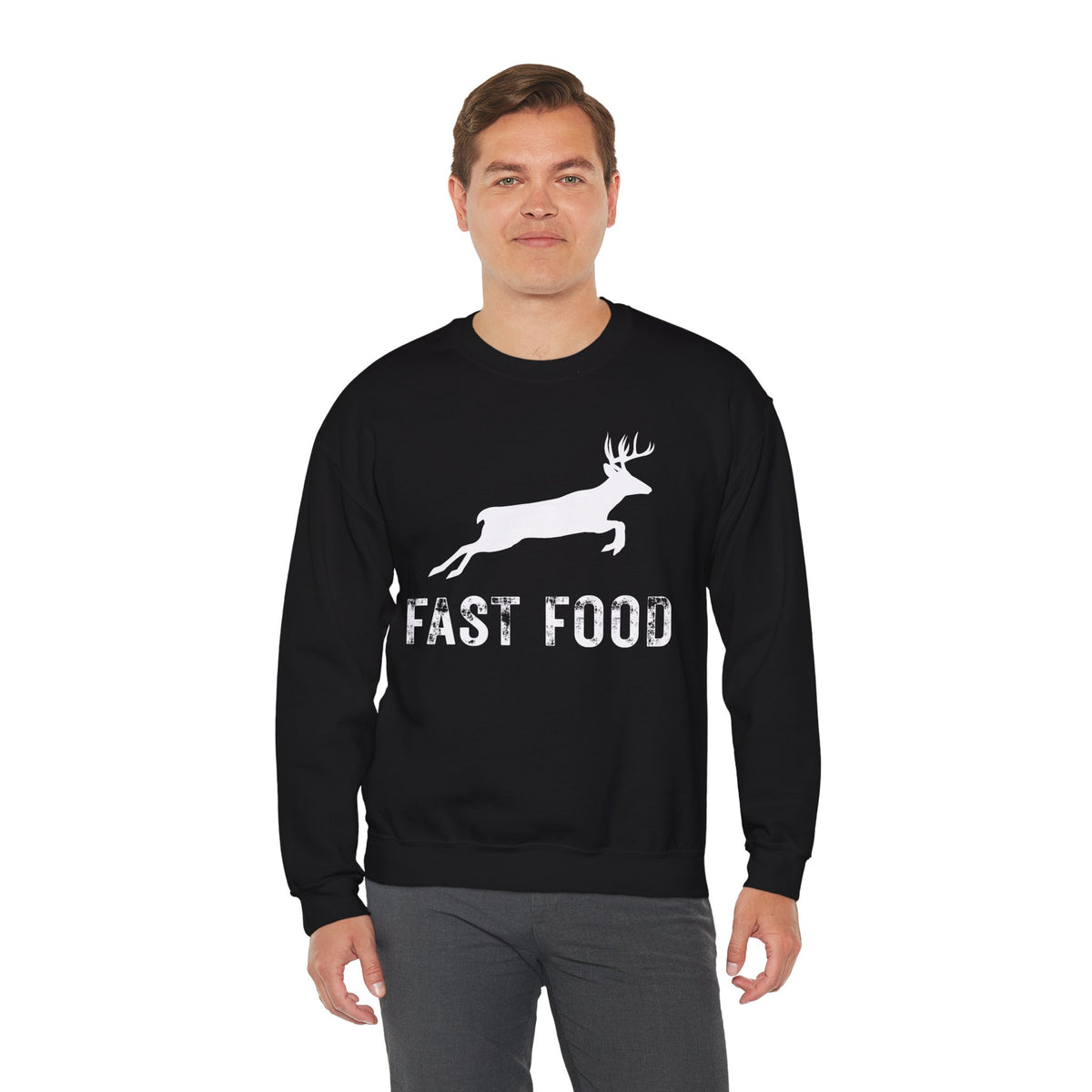 Fast Food Deer Hunting Humor Distressed – Gildan Heavy Blend | Trendy Men's and Women’s Soft Sweatshirt. Direct to Garment. Printed & Shipped in the USA. Unisex Sizes.