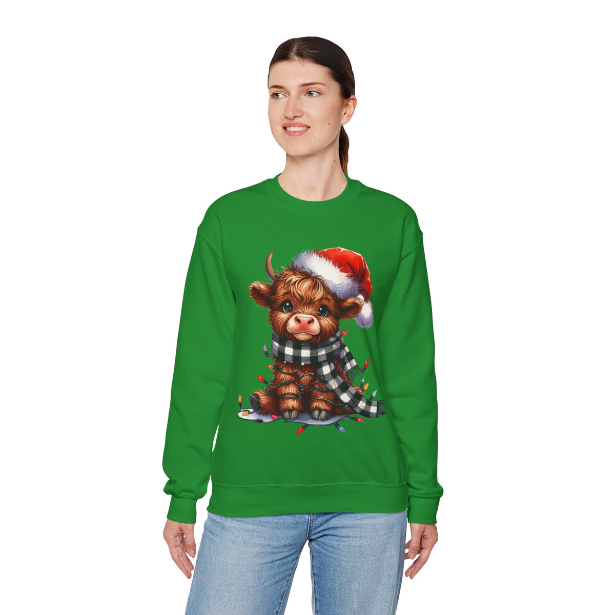 Cute Highland Cow Santa Hat Scarf Christmas Lights – Gildan Heavy Blend | Trendy Women’s Soft Sweatshirt. Direct to Garment. Printed & Shipped in the USA. Unisex Sizes.
