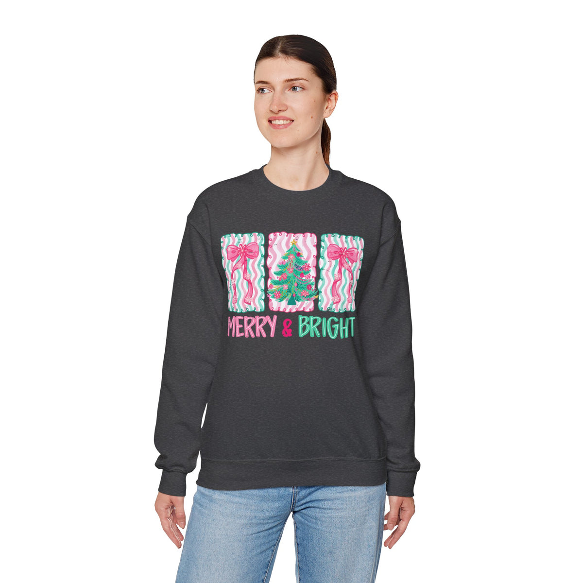 Merry & Bright Christmas - Pink & Green Holiday Tree Design – Gildan Heavy Blend | Trendy Women’s Soft Sweatshirt. Direct to Garment. Printed & Shipped in the USA. Unisex Sizes.