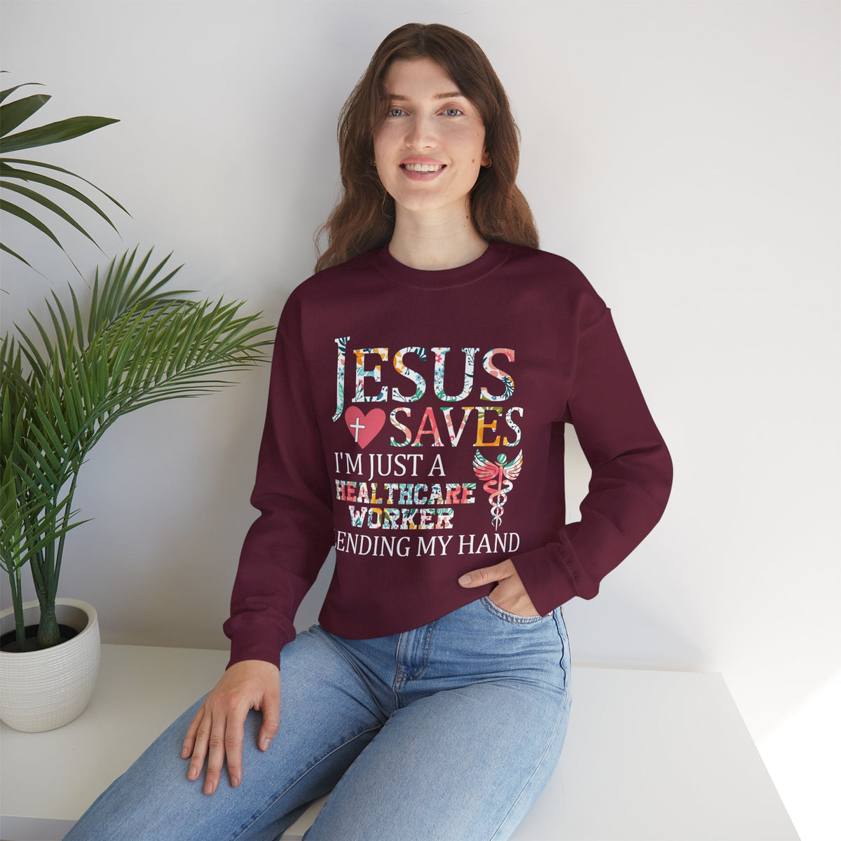 Jesus Saves - Healthcare Worker Lending My Hand – Gildan Heavy Blend | Trendy Women’s Soft Sweatshirt. Direct to Garment. Printed & Shipped in the USA. Unisex Sizes.