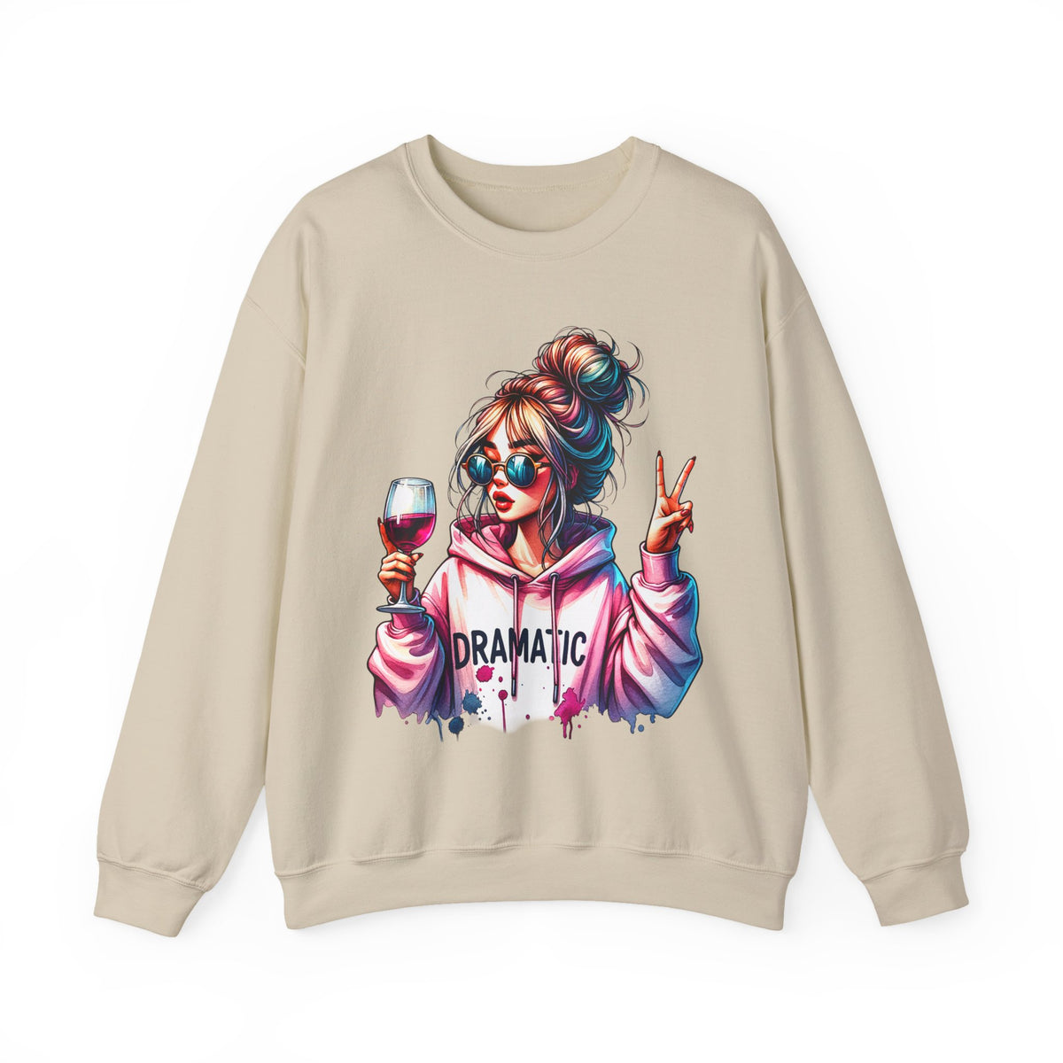 Dramatic Girl With Wine Messy Bun Peace Sign – Gildan Heavy Blend | Trendy Women’s Soft Sweatshirt. Direct to Garment. Printed & Shipped in the USA. Unisex Sizes.