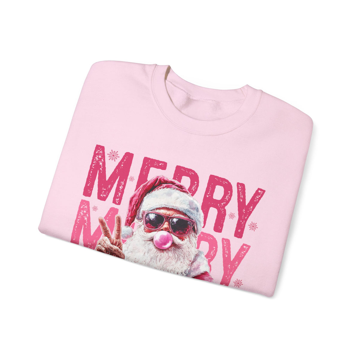 Pink Merry Christmas Bubblegum Santa – Gildan Heavy Blend | Trendy Women’s Soft Sweatshirt. Direct to Garment. Printed & Shipped in the USA. Unisex Sizes.