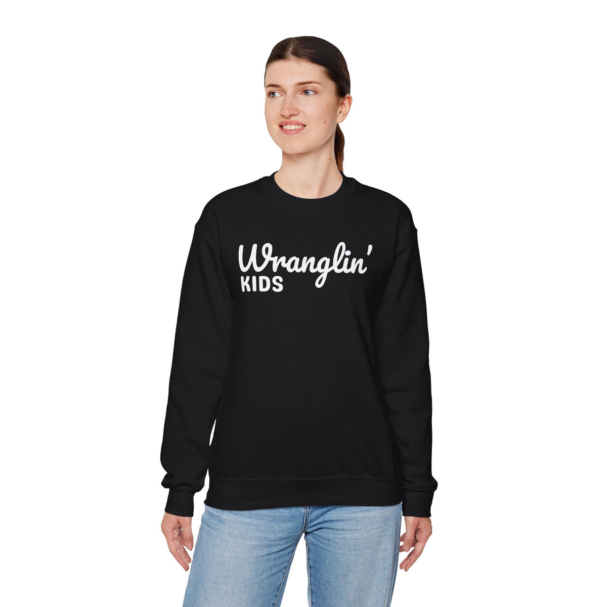 Wranglin' Kids Funny Mom Dad – Gildan Heavy Blend | Trendy Women’s and Men's Soft Sweatshirt. Direct to Garment. Printed & Shipped in the USA. Unisex Sizes.