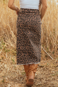 Brown Leopard Frayed-Bottom Denim Skirt with Slit