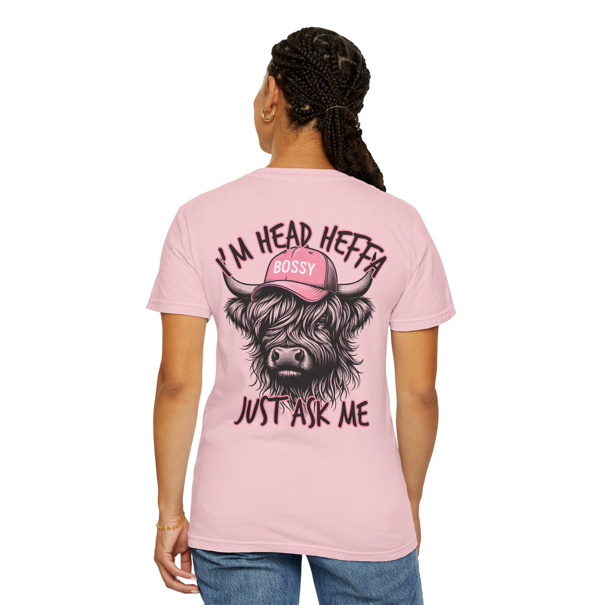 Head Heffa Highland Cow, Front & Back Print - Comfort Colors | Trendy Women's T-Shirt. Direct to Garment. Printed & Shipped in the USA. Unisex Sizes.