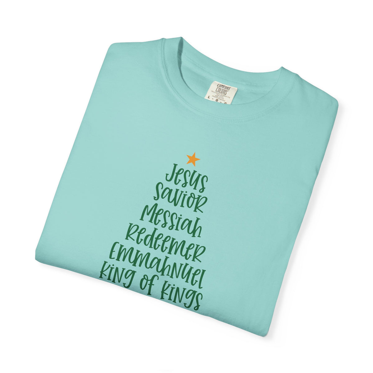 Jesus Name Christmas Tree - Comfort Colors | Trendy Women's T-Shirt. Direct to Garment. Printed & Shipped in the USA. Unisex Sizes.