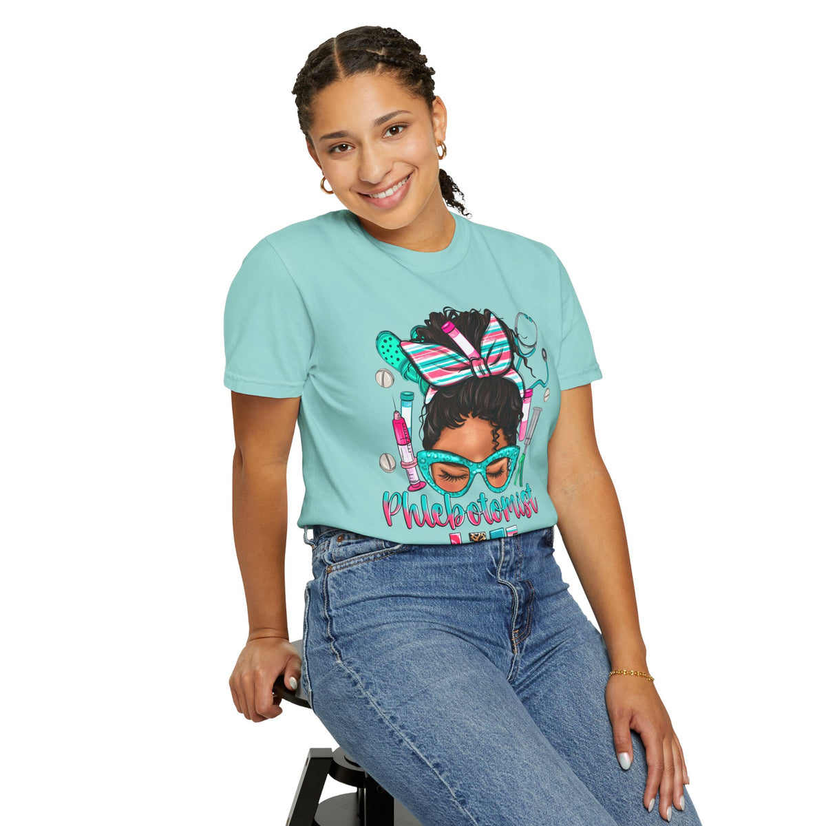 Phlebotomist Life, Messy Bun - Comfort Colors | Trendy Women's T-Shirt. Direct to Garment. Printed & Shipped in the USA. Unisex Sizes.