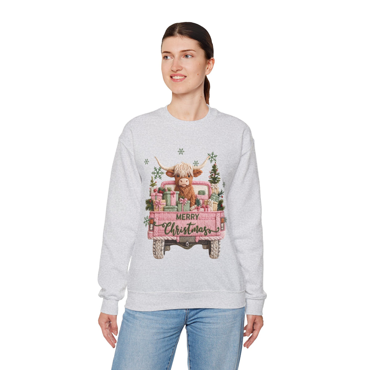Highland Cow in Pink Truck Merry Christmas Holiday Farmhouse – Gildan Heavy Blend | Trendy Women’s Soft Sweatshirt. Direct to Garment. Printed & Shipped in the USA. Unisex Sizes.