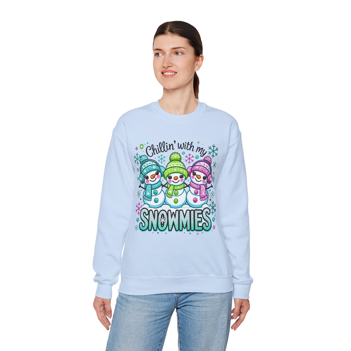 Chillin' With My Snowmies, Winter Snowman – Gildan Heavy Blend | Trendy Women’s Soft Sweatshirt. Direct to Garment. Printed & Shipped in the USA. Unisex Sizes.
