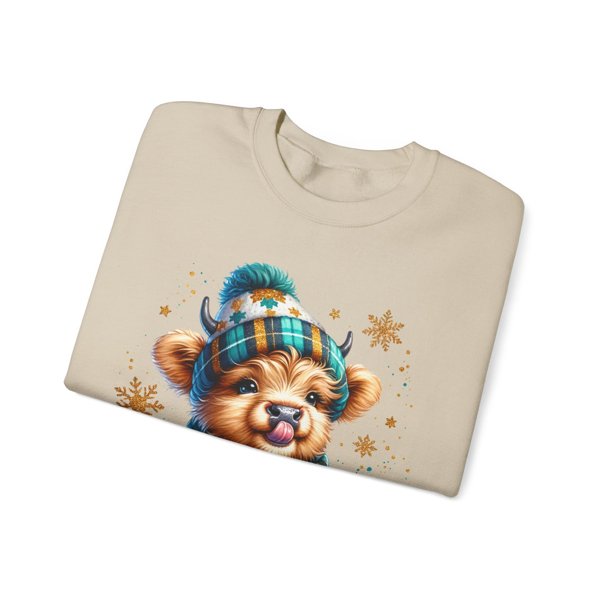Winter Baby Highland Cow with Cocoa – Gildan Heavy Blend | Trendy Women’s Soft Sweatshirt. Direct to Garment. Printed & Shipped in the USA. Unisex Sizes.