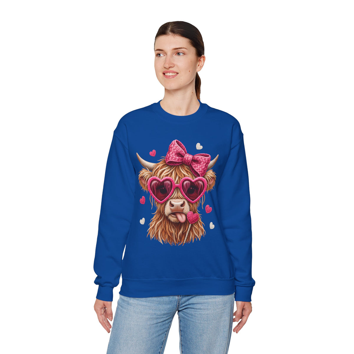Highland Cow - Pink Heart Shaped Glasses – Gildan Heavy Blend | Trendy Women’s Soft Sweatshirt. Direct to Garment. Printed & Shipped in the USA. Unisex Sizes.