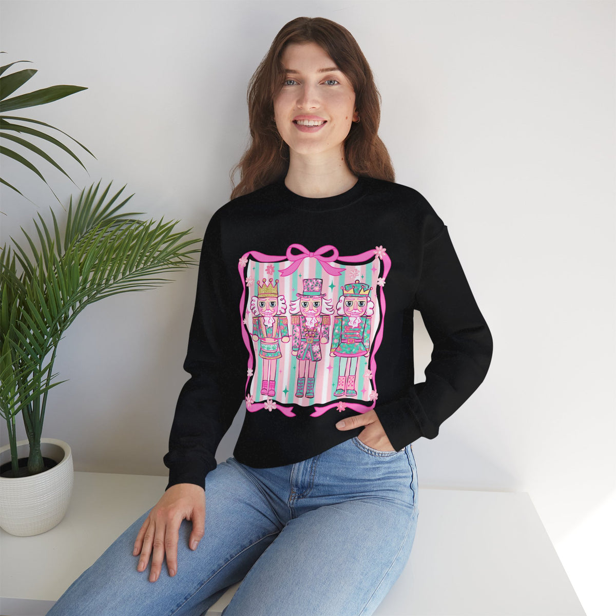 Coquette Pastel Christmas Nutcracker Trio Pink and Green – Gildan Heavy Blend | Trendy Women’s Soft Sweatshirt. Direct to Garment. Printed & Shipped in the USA. Unisex Sizes.