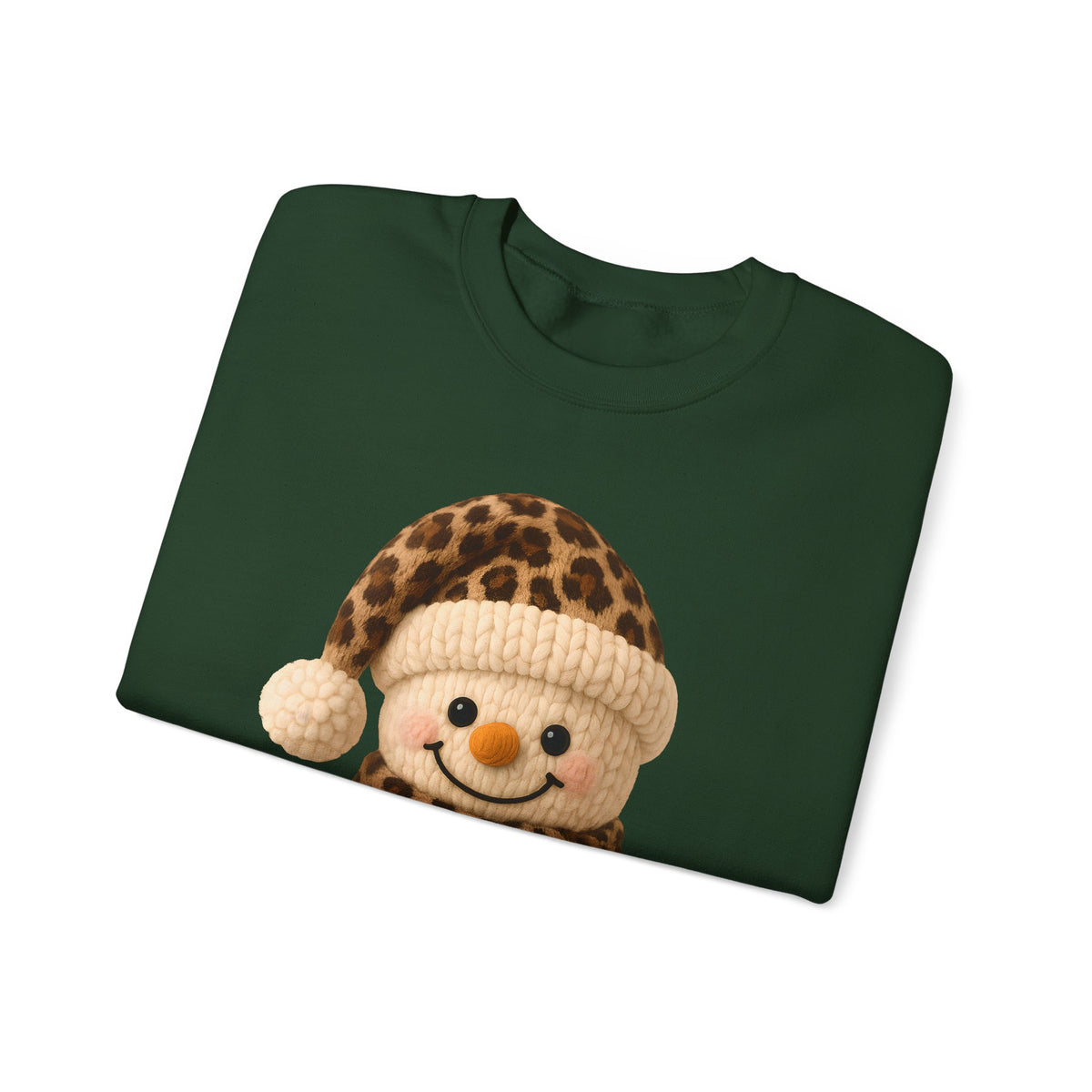 Cute Leopard Faux Knit Snowman Winter – Gildan Heavy Blend | Trendy Women’s Soft Sweatshirt. Direct to Garment. Printed & Shipped in the USA. Unisex Sizes.
