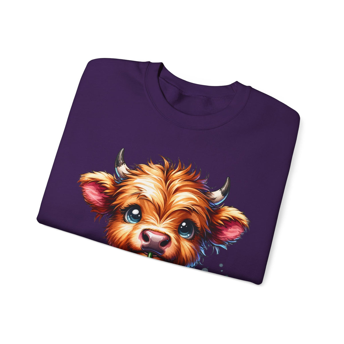 Coffee Addict Highland Cow Drinking Iced Coffee – Gildan Heavy Blend | Trendy Women’s Soft Sweatshirt. Direct to Garment. Printed & Shipped in the USA. Unisex Sizes.