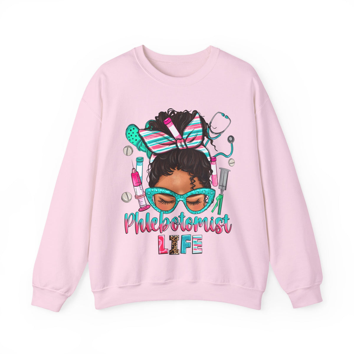 Phlebotomist Life, Messy Bun – Gildan Heavy Blend | Trendy Women’s Soft Sweatshirt. Direct to Garment. Printed & Shipped in the USA. Unisex Sizes.